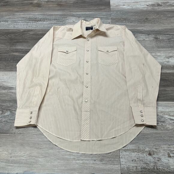 Vintage 70s 80s Wrangler Striped Mens 17.5-36 Long Tail Pearl Snap Western Shirt - Picture 2 of 11